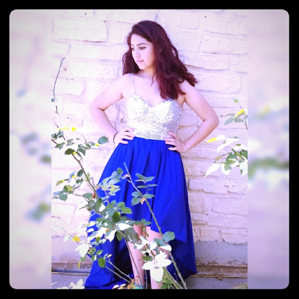Royal blue and silver sparkle high low dress🦋
